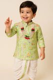 Pista Green Patchwork-Style Kurta with Cream Dhoti Set