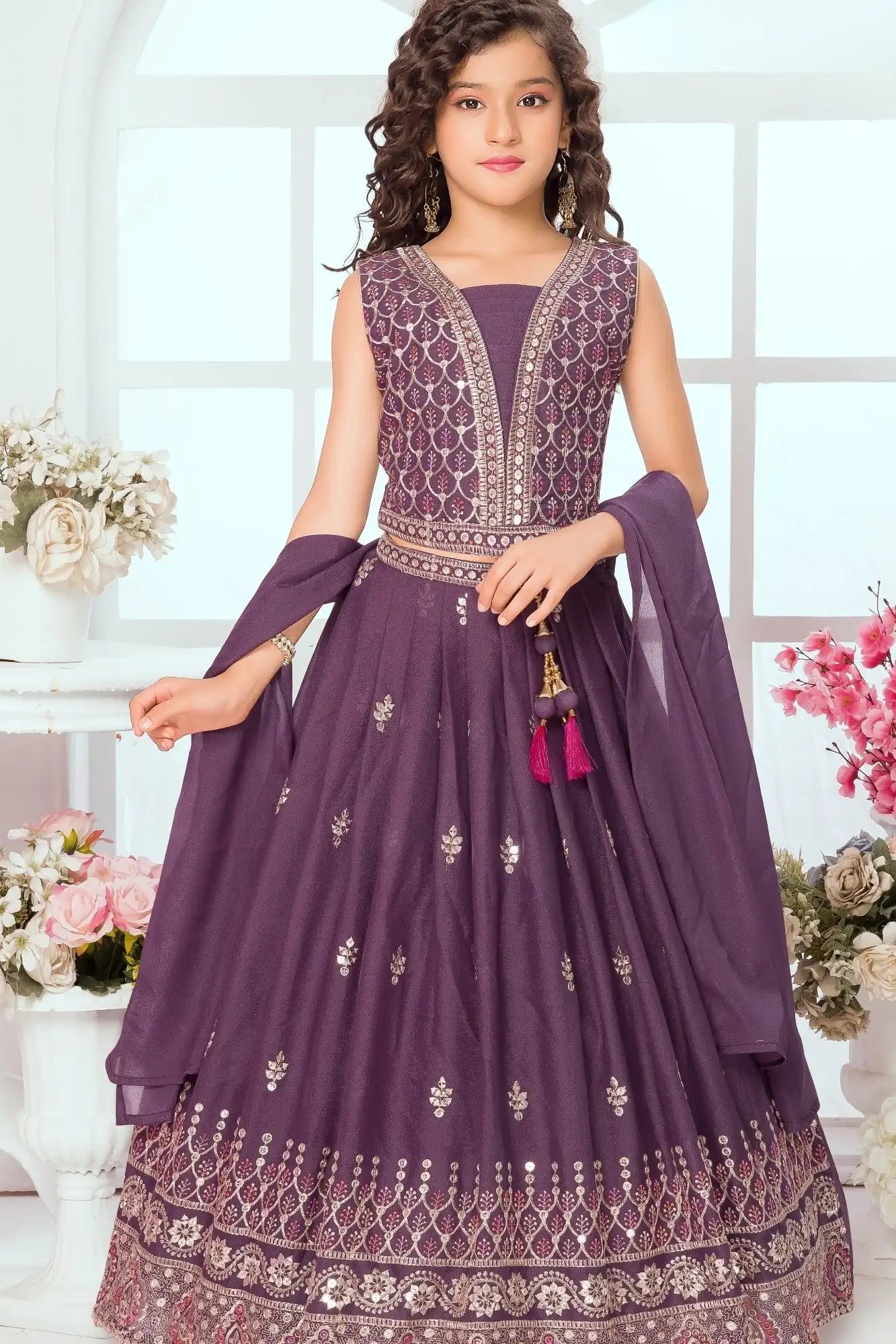 Purple Embroidered Lehenga Choli Set with Dupatta For Girls
