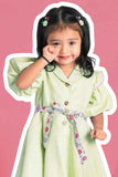 Pista Green Casual Frock With Embroidered For Girls