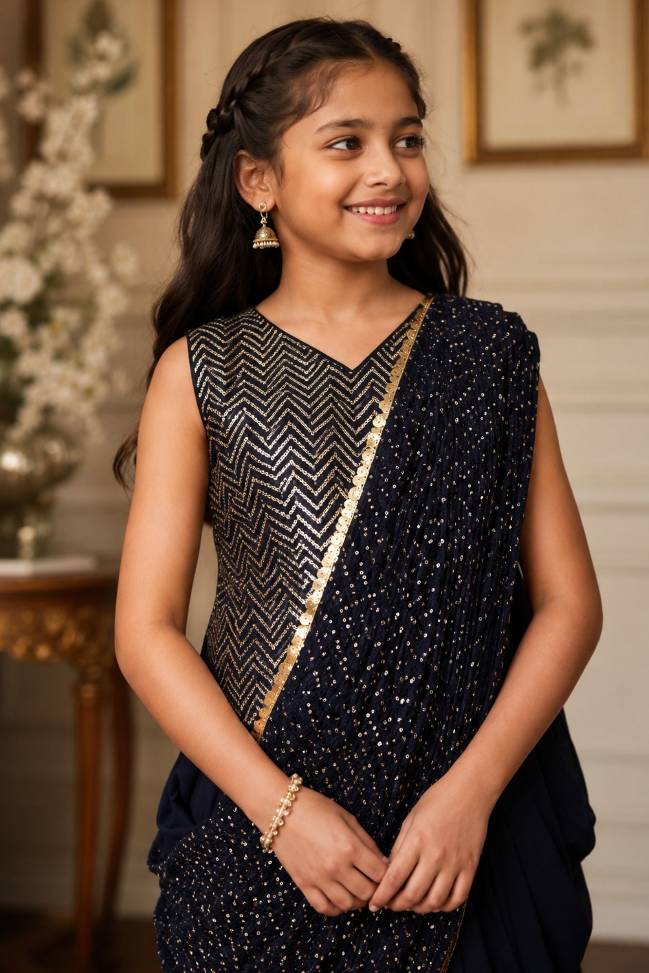 Navy Blue Dhoti Set with Attached Drape For Girls