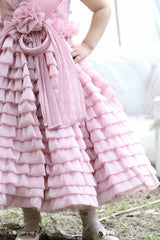 Onion Pink Sleeveless With Floral And Bow Embellished Layer Gown For Girls