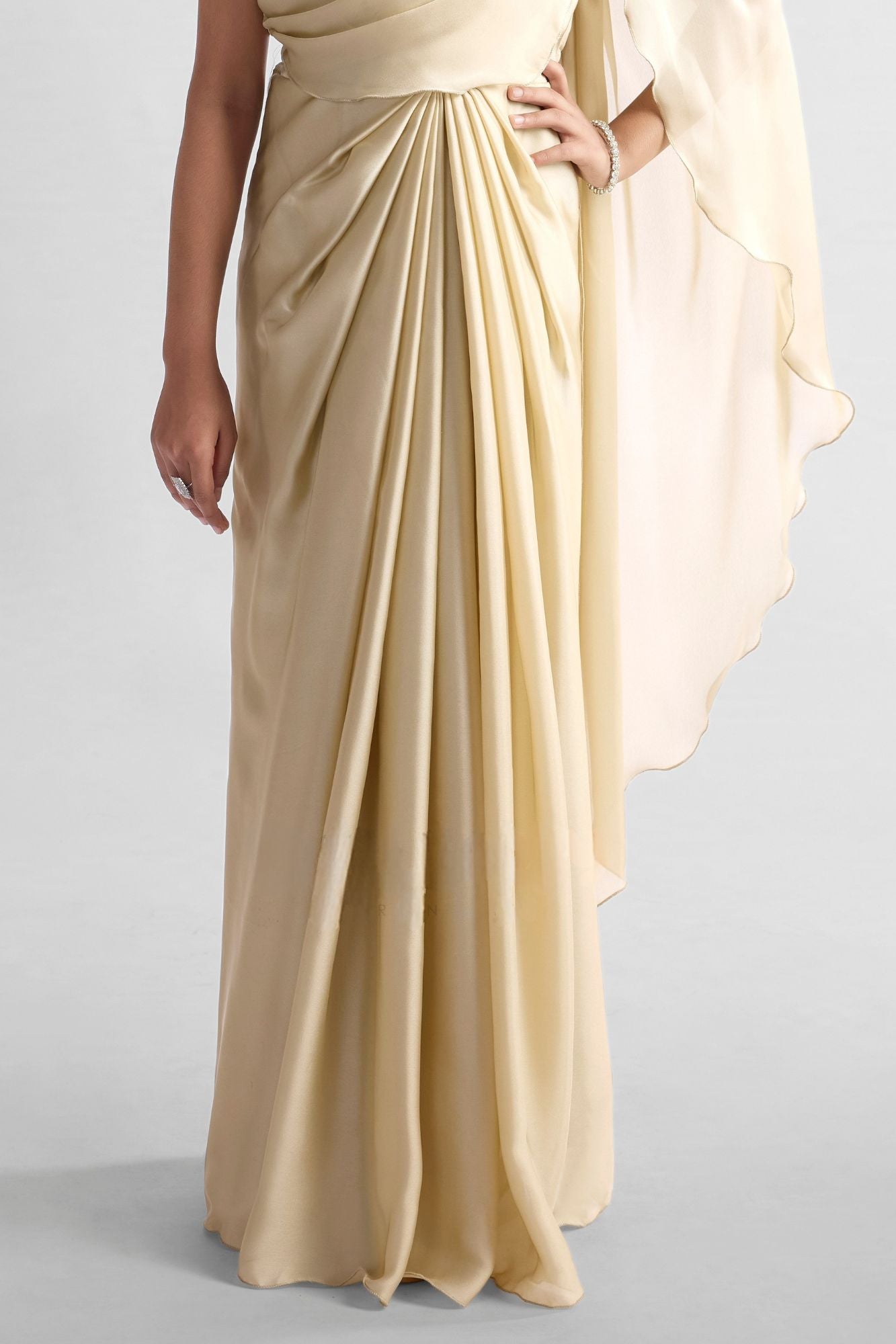 Cream Pre-Draped Saree Gown with Embellished Strap For Girls