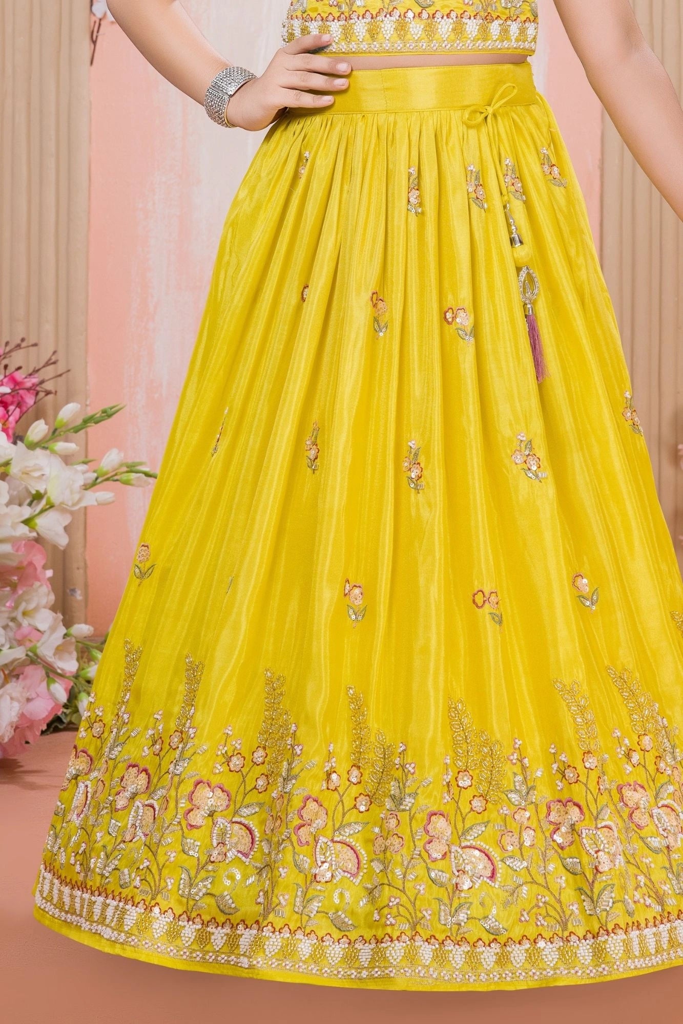 Bright Yellow Sequin Work Embroidered Lehenga Choli Set for Girls