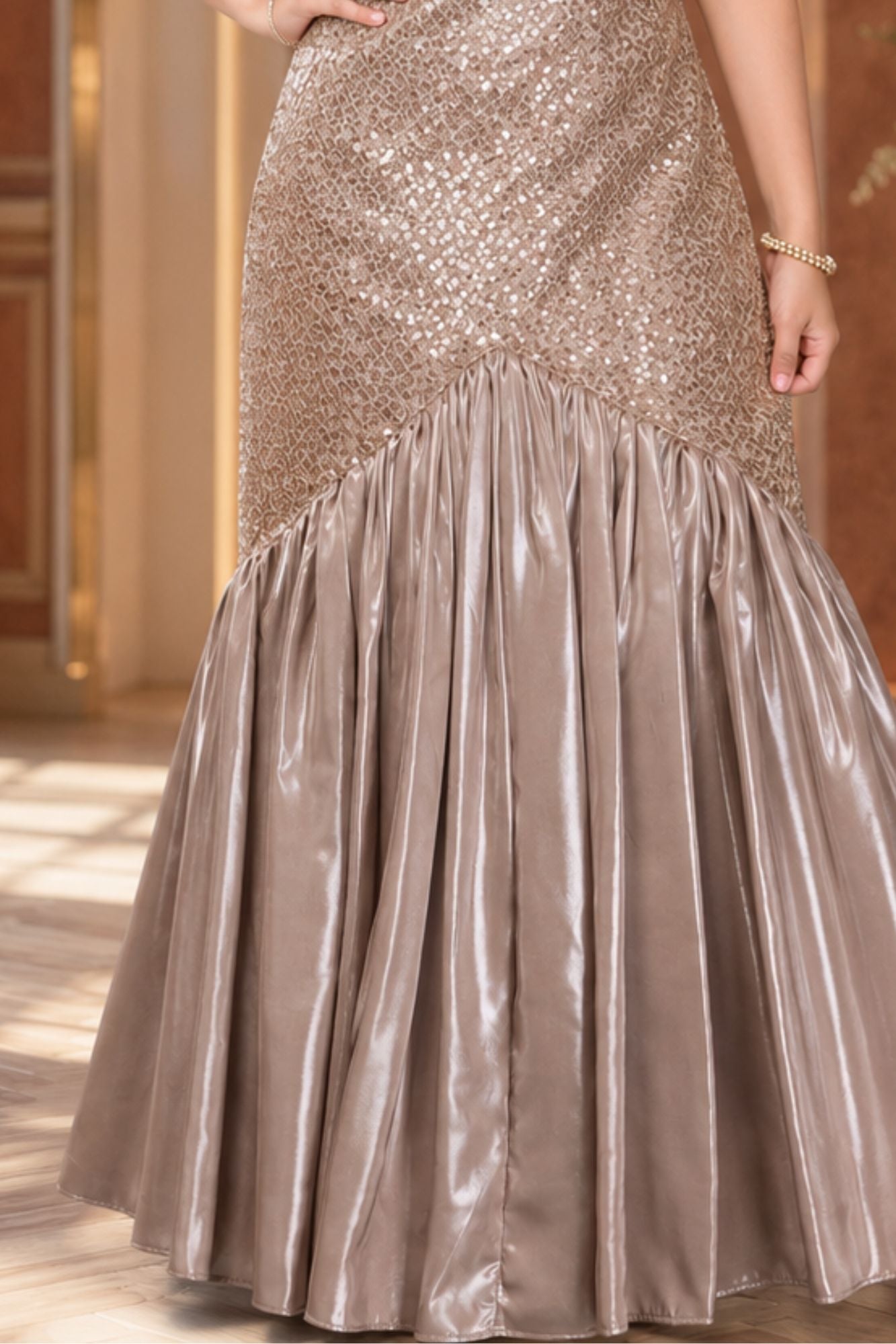 Girls Gold Sequins Embellished Mermaid Gown