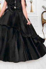 Black Sequin Gown With Bow Embellished For Girls