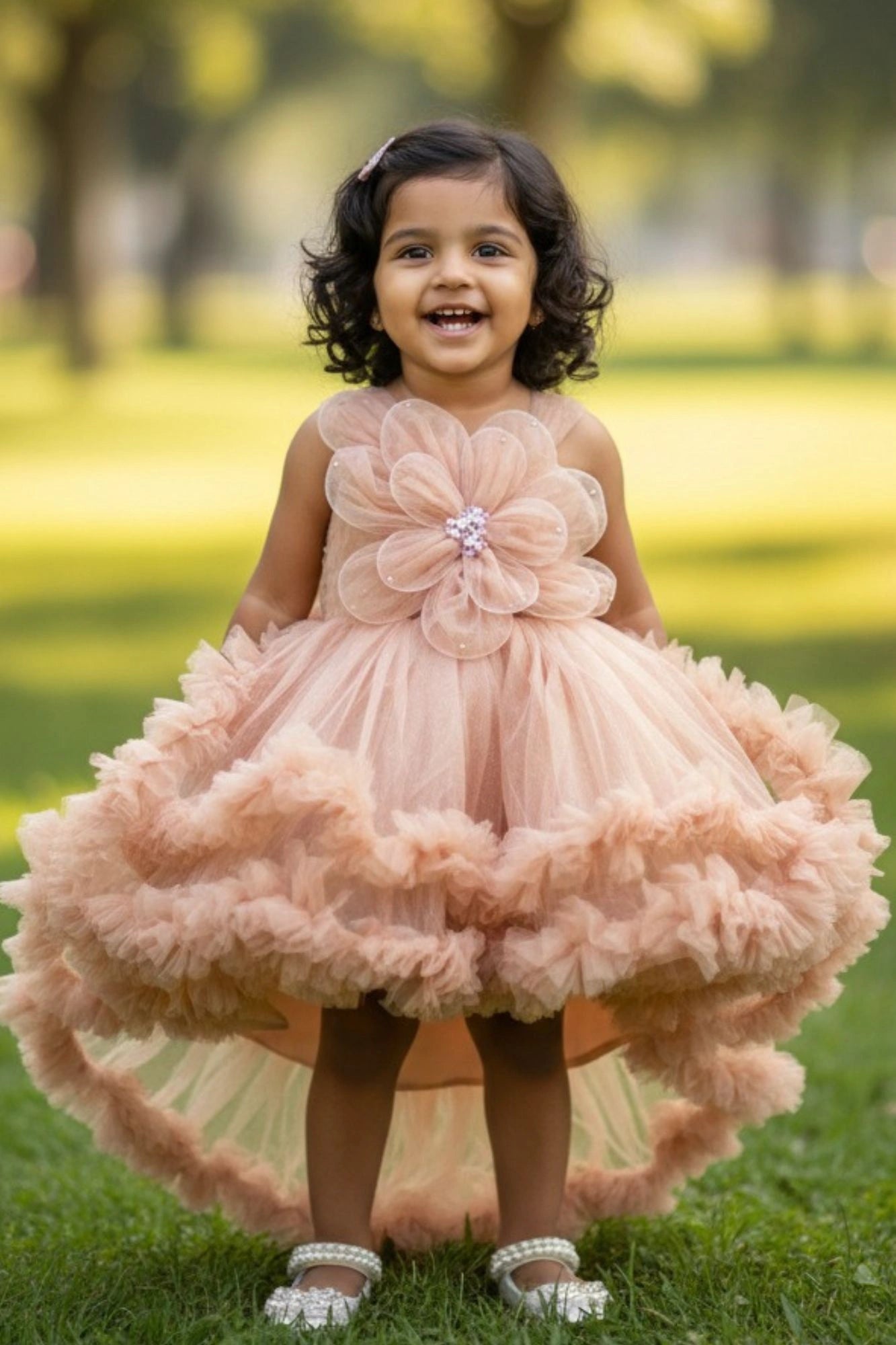 Fawn Embellished Party Wear Frock with 3D Floral Appliqué With Tailback For Girls
