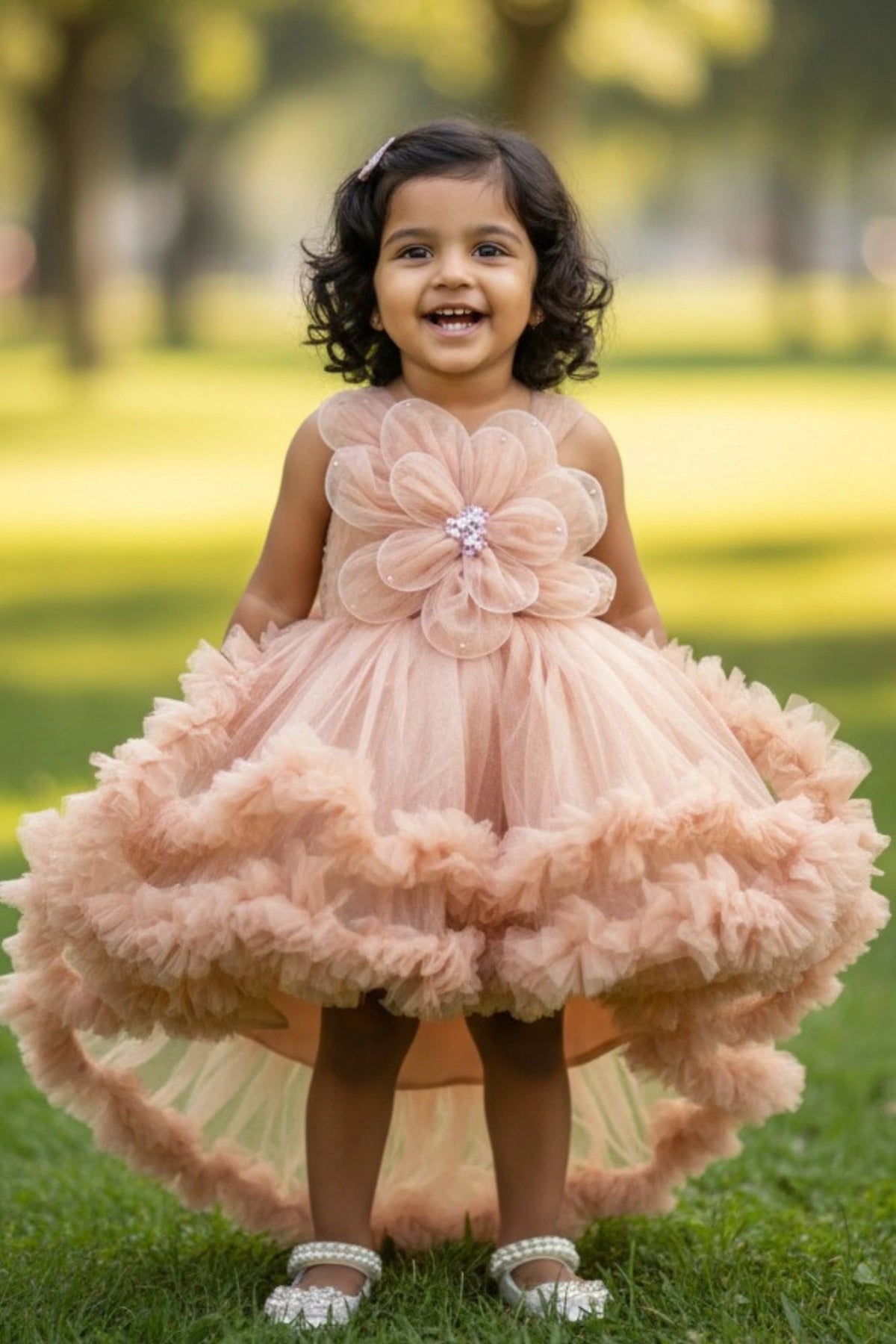Fawn Embellished Party Wear Frock with 3D Floral Appliqué With Tailback For Girls