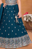 Teal Blue Sequins Work And Embroidered Lehenga Choli For Girls
