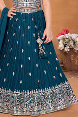 Teal Blue Sequins Work And Embroidered Lehenga Choli For Girls