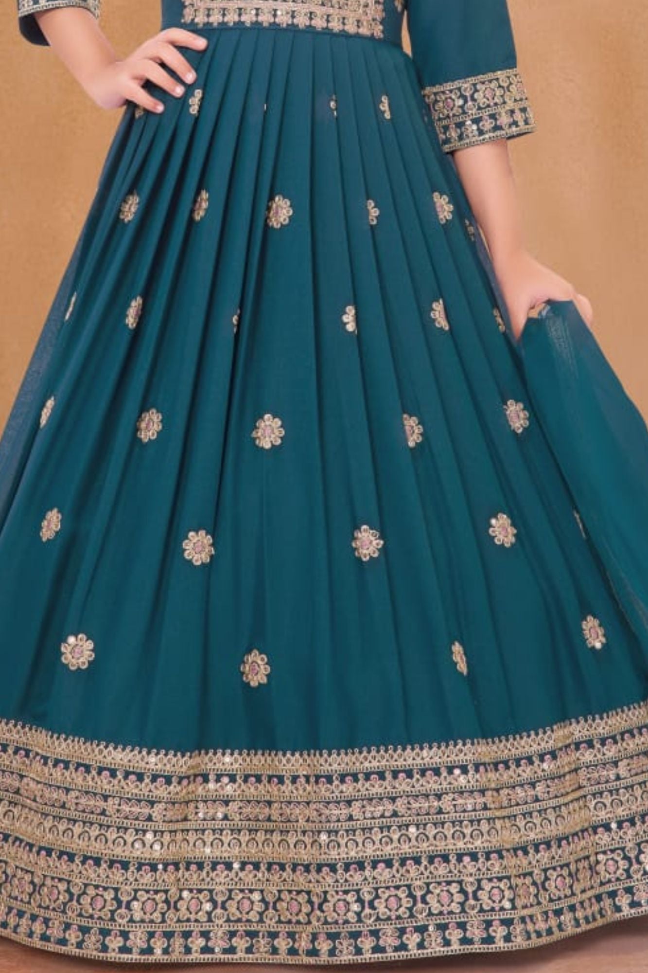 Teal Embroidered Anarkali Ethnic Gown with Dupatta For Girls