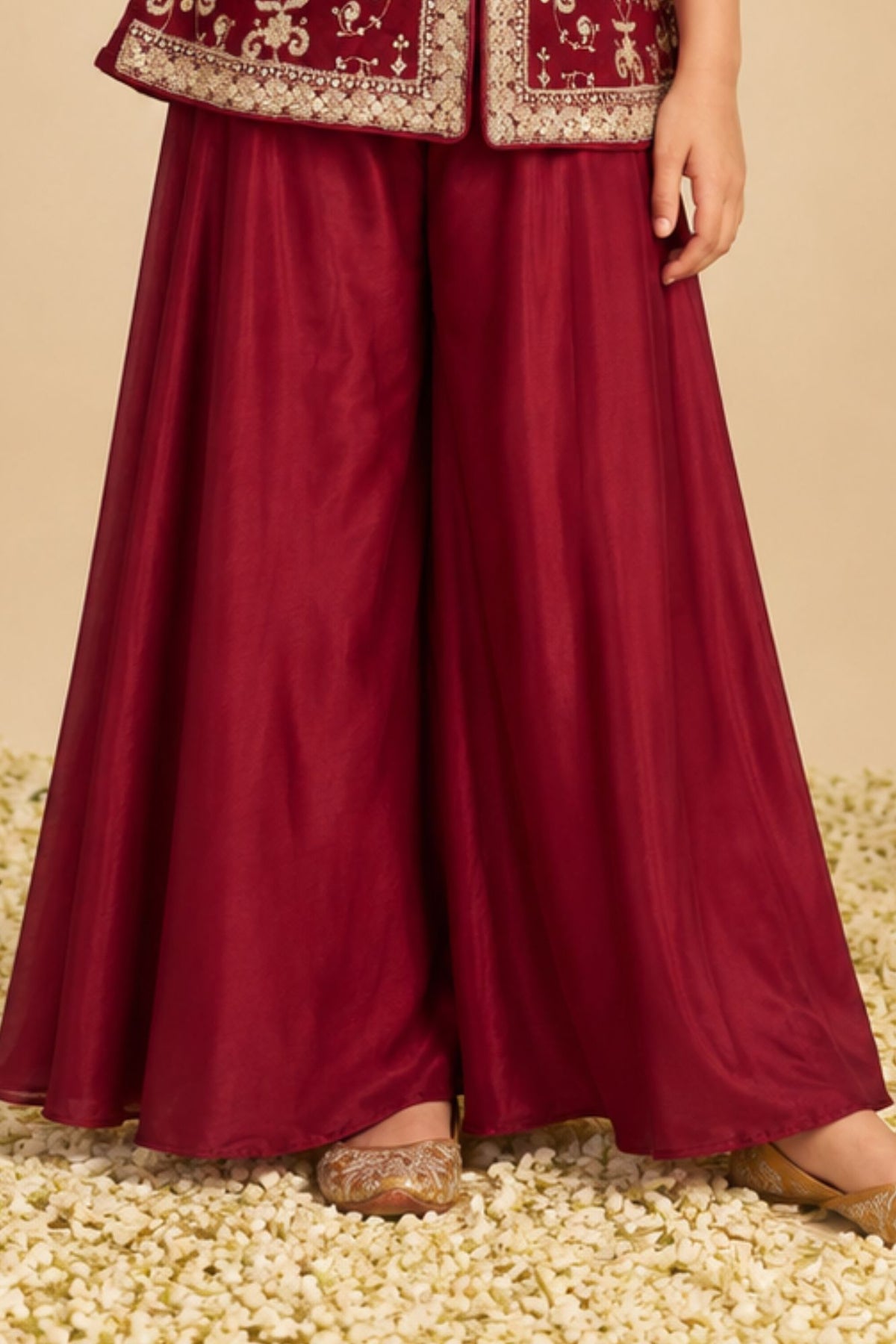 Girls Maroon Sequin Embroidered Palazzo Set with Dupatta
