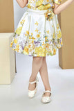 Yellow Floral Top & White Pleated Skirt Set For Girls