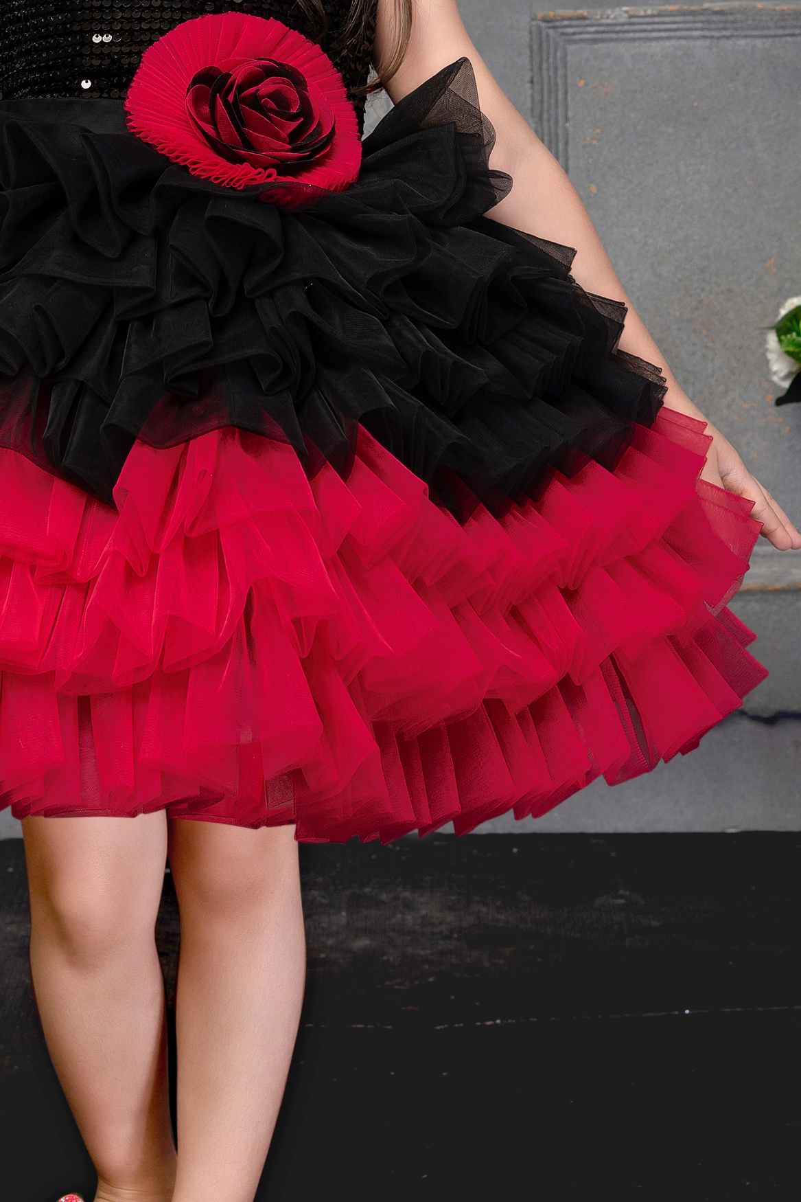 Red And Black Multilayered Partywear Frock For Girls