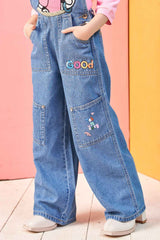 Pink 3/4th Sleeves T-shirt With Cartoon Embroidered Blue Denim Jumpsuit Set For Girls