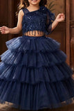 Girls Navy Blue One-Shoulder Ruffle Party Wear Lehenga Choli