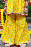 Yellow Bandhani Print And Mirror Work Sharara Set For Girls