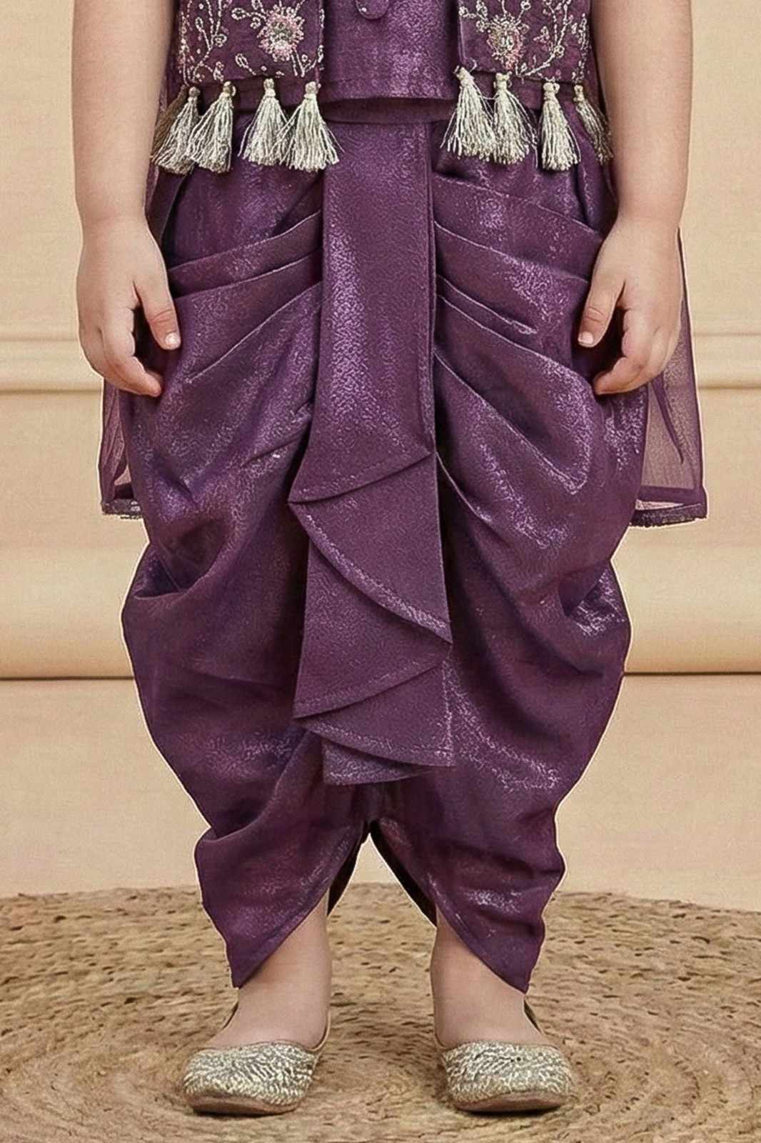 Purple Embroidered Dhoti Skirt Set For Girls