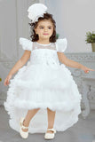 White Frill Sleeves And Sequin Embroidery With Floral Embellished Tail Back Frock For Girls