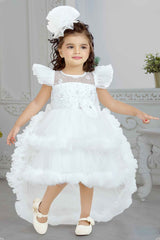 White Frill Sleeves And Sequin Embroidery With Floral Embellished Tail Back Frock For Girls