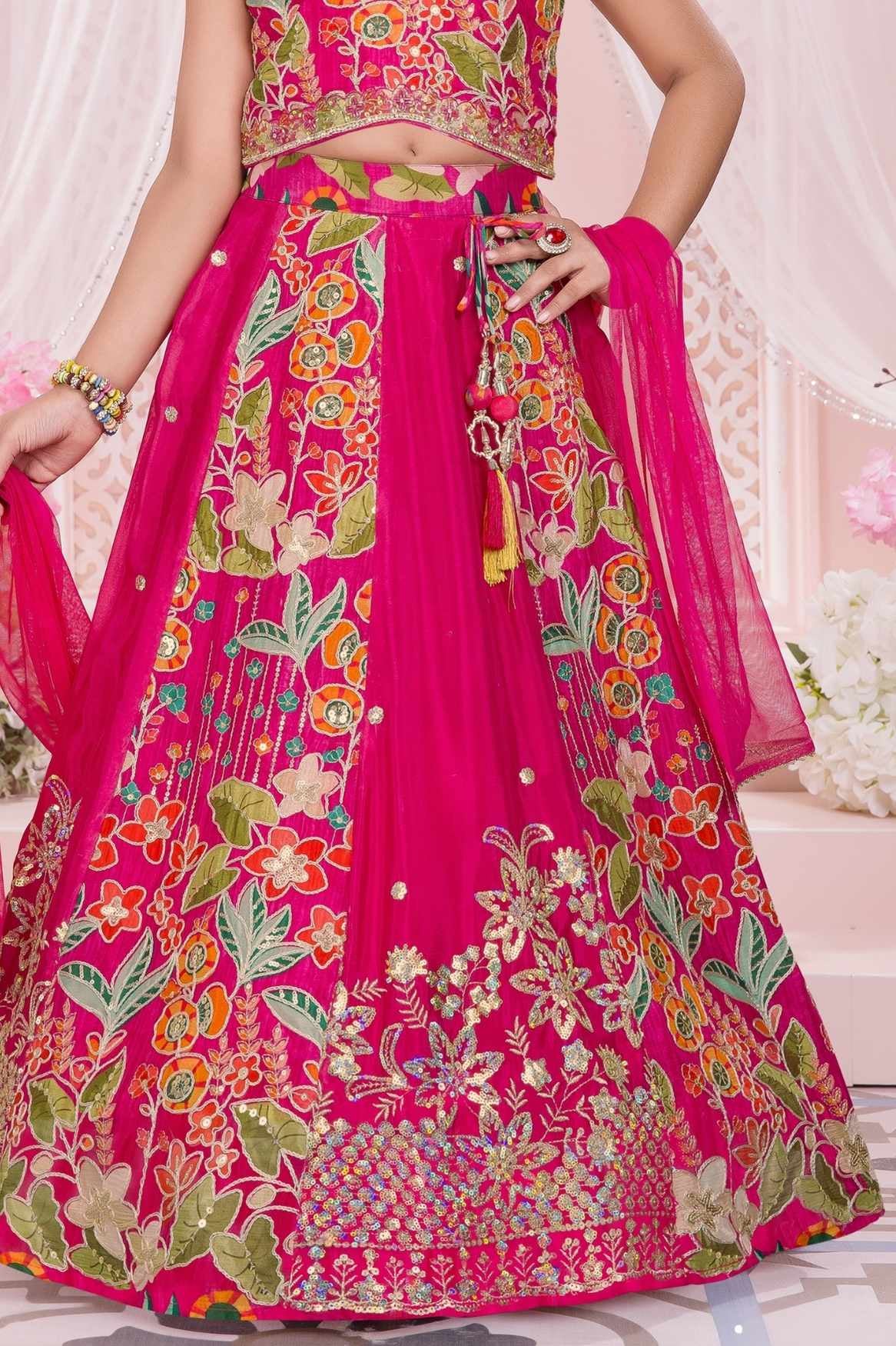 Rani Pink Floral Embroidered Lehenga Choli Set With Dupatta For Girls