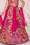 Rani Pink Floral Embroidered Lehenga Choli Set With Dupatta For Girls