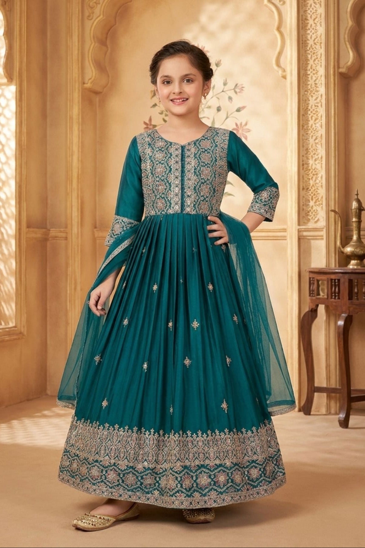Girls Dark Teal Embroidered Anarkali Gown with Dupatta