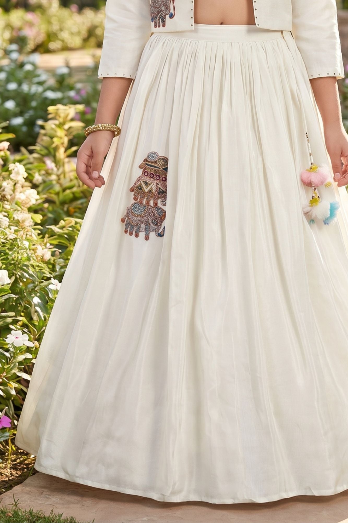 White Embroidered Lehenga Choli With Jacket For Girls