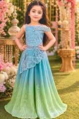 Elegant Aqua Blue Floral Embellished Pleated Palazzo Set for Girls