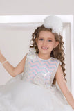 White Ruffle Party Gown with Sequin Bows and High-Low Hem For Girls