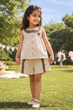 Adorable Girls Cream And Brown Checked Top & Shorts Set with Ruffle Collar