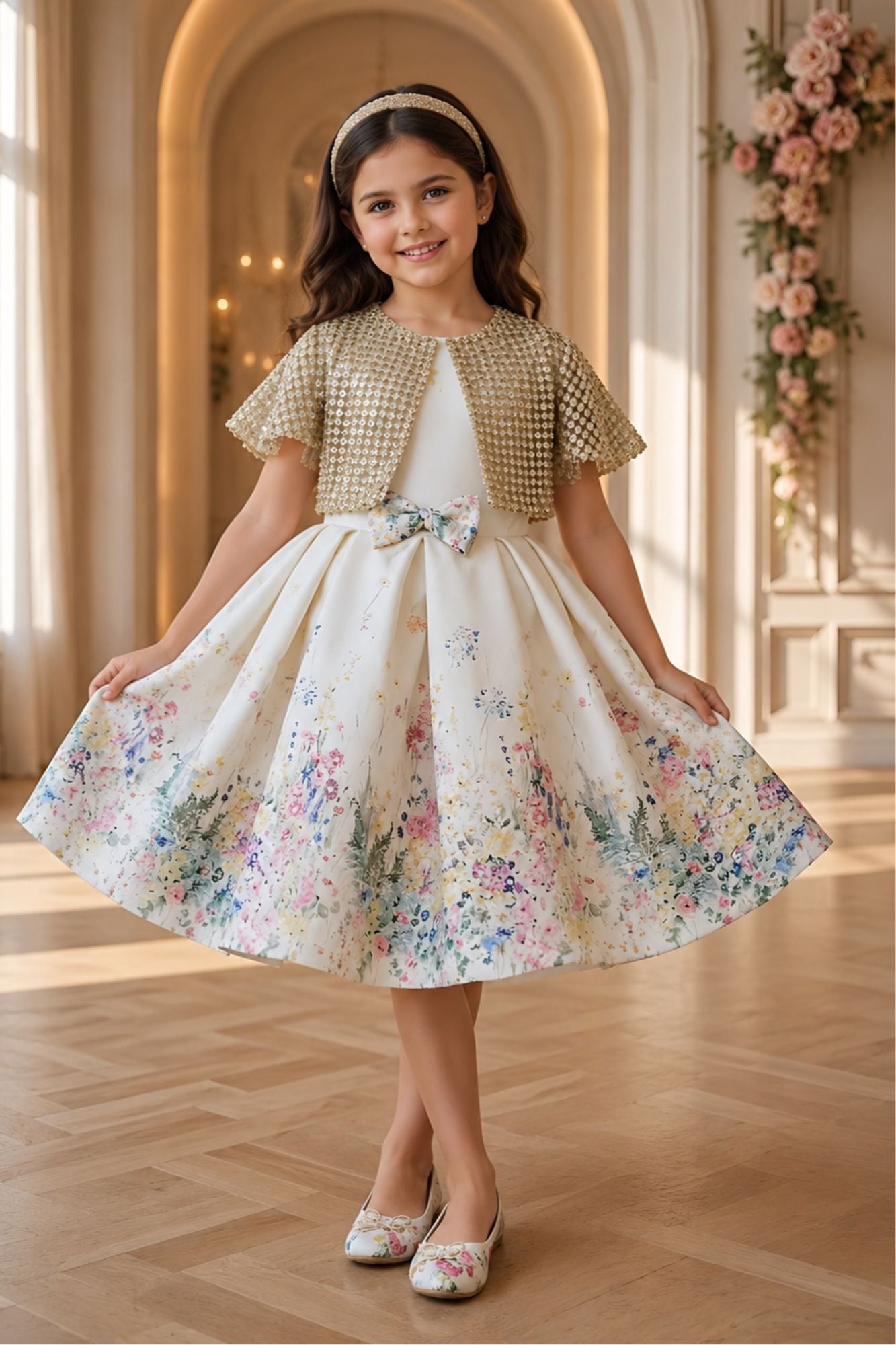 Ivory Floral Party Wear Frock with Golden Jacket And Bow Waist Accent For Girls