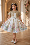 Ivory Floral Party Wear Frock with Golden Jacket And Bow Waist Accent For Girls