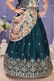 Deep Teal Embroidered Lehenga Choli Set with Floral Printed Draped Dupatta For Girls