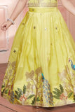 Yellow Sleeveless Choli And Lehenga Set With Peacock  Motifs Zari Embroidery For Girls