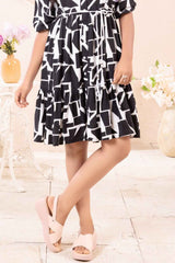 Black Elbow Length Sleeves Printed Frock For Girls