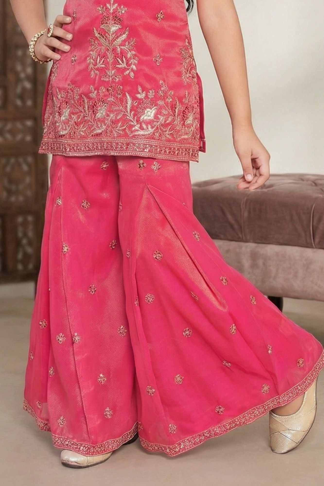Rani Pink Embroidered Top And Flared Sharara Set For Girls