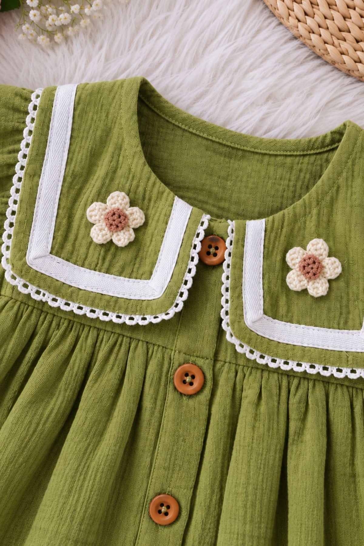 Girls Green Crochet Flower Sailor Collar Dress