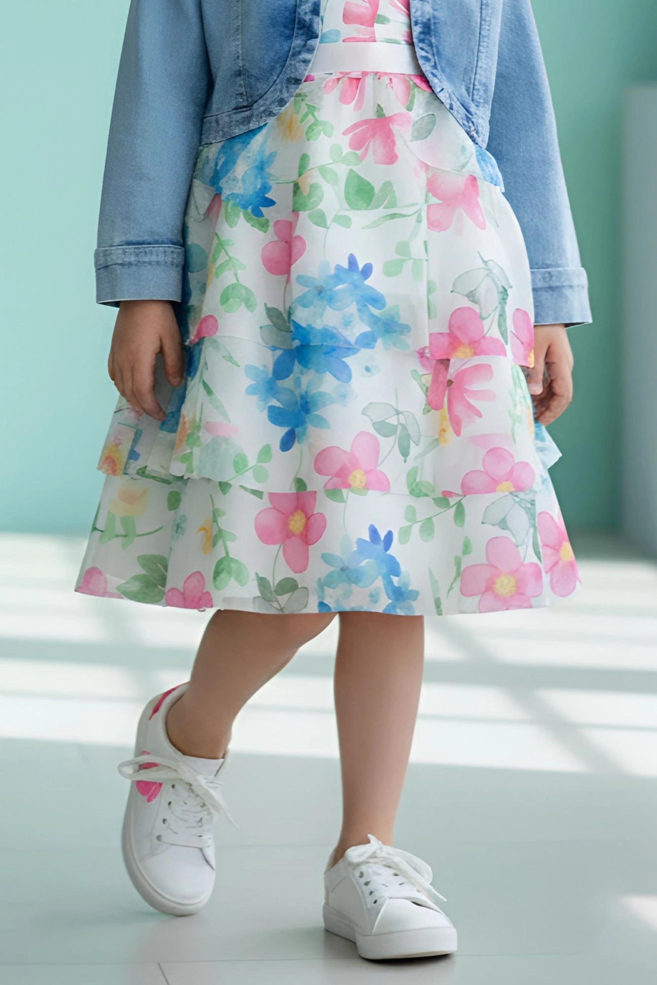 Cream Floral Layered Frock with Denim Jacket For Girls