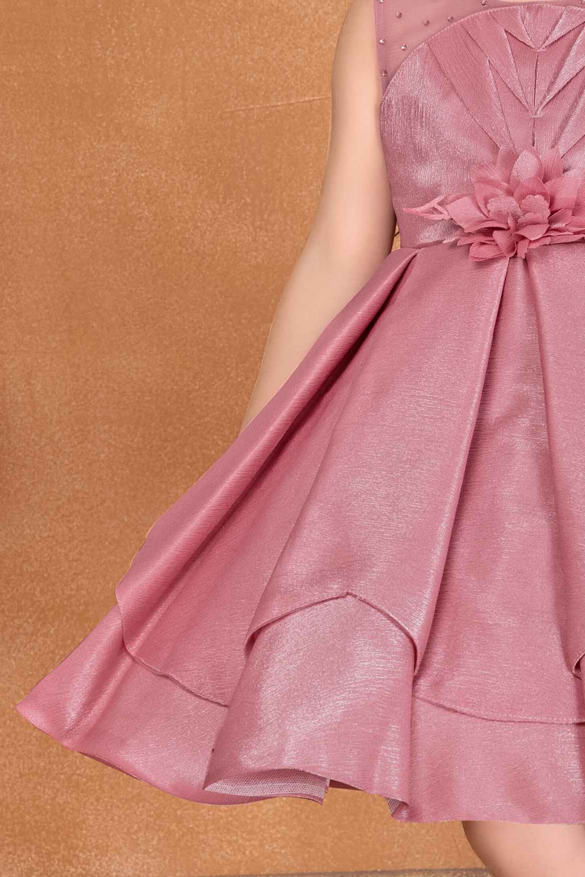 Onion Pink Frock With Floral Embellishment For Girls