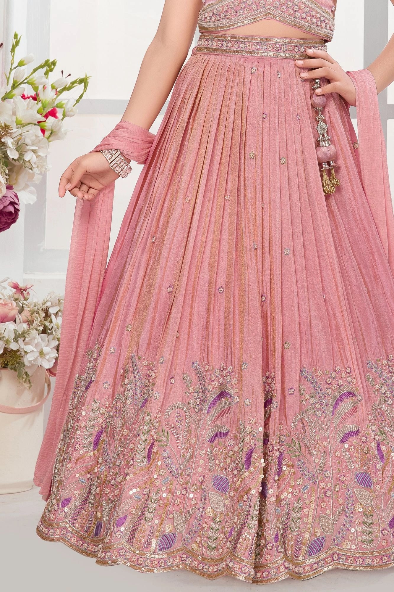 Pink Embroidered Lehenga Choli Set with Dupatta For Girls