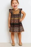 Boho Print Sequin Embroidered Flutter Sleeve Dress For Girls