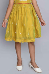 Mustard Frill Sleeves Chanderi Silk Frock For Girls