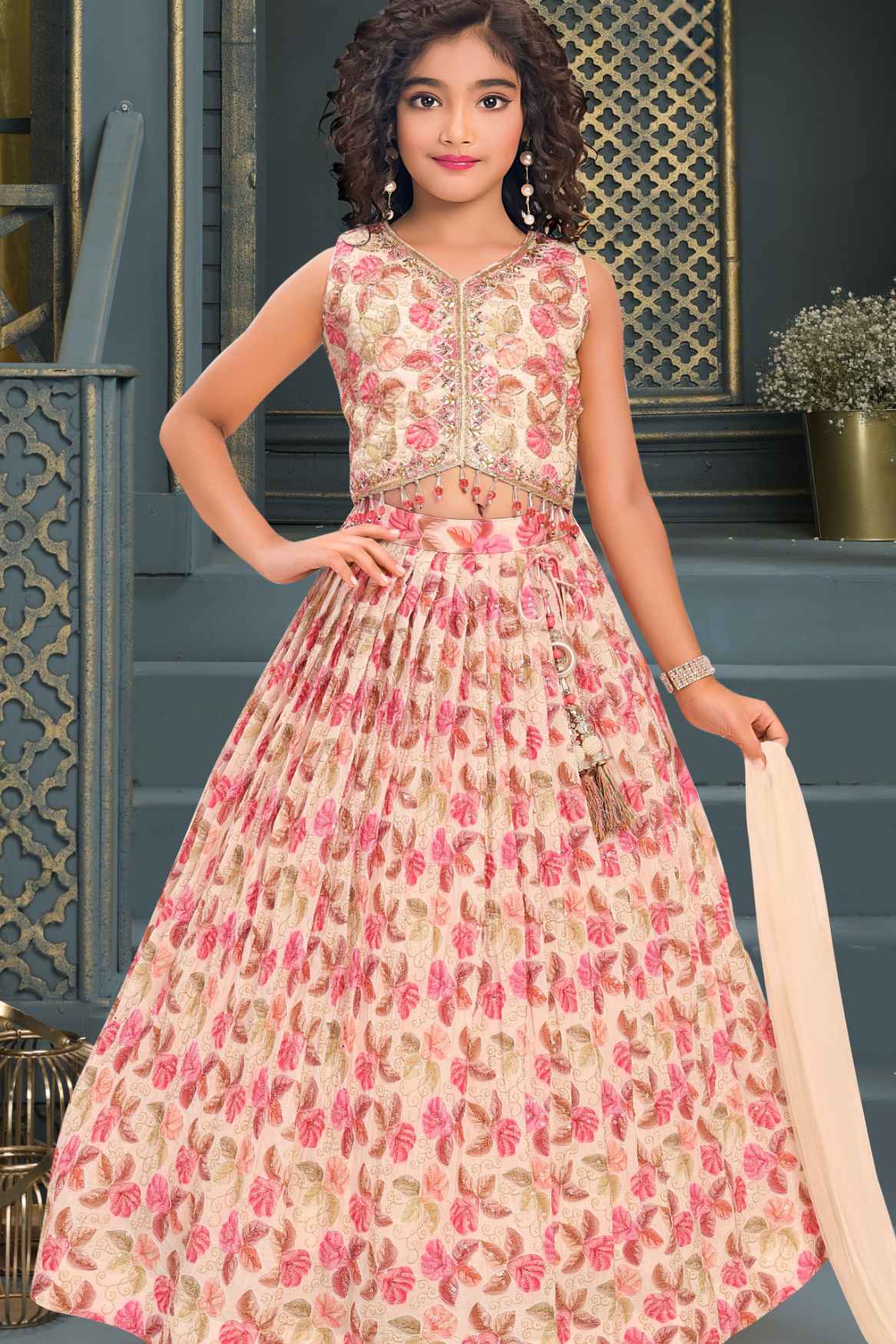 Pink Sequins Embroidered And Leaf Print Lehenga Choli Set For Girls