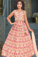 Pink Sequins Embroidered And Leaf Print Lehenga Choli Set For Girls