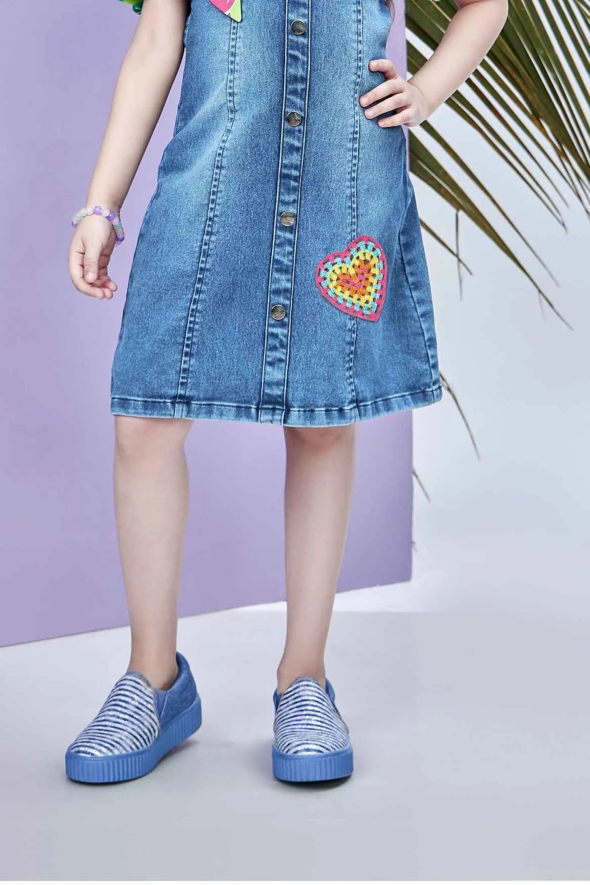 Denim Dress with Multicolor Puff Sleeves and Heart Patch For Girls
