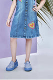 Denim Dress with Multicolor Puff Sleeves and Heart Patch For Girls