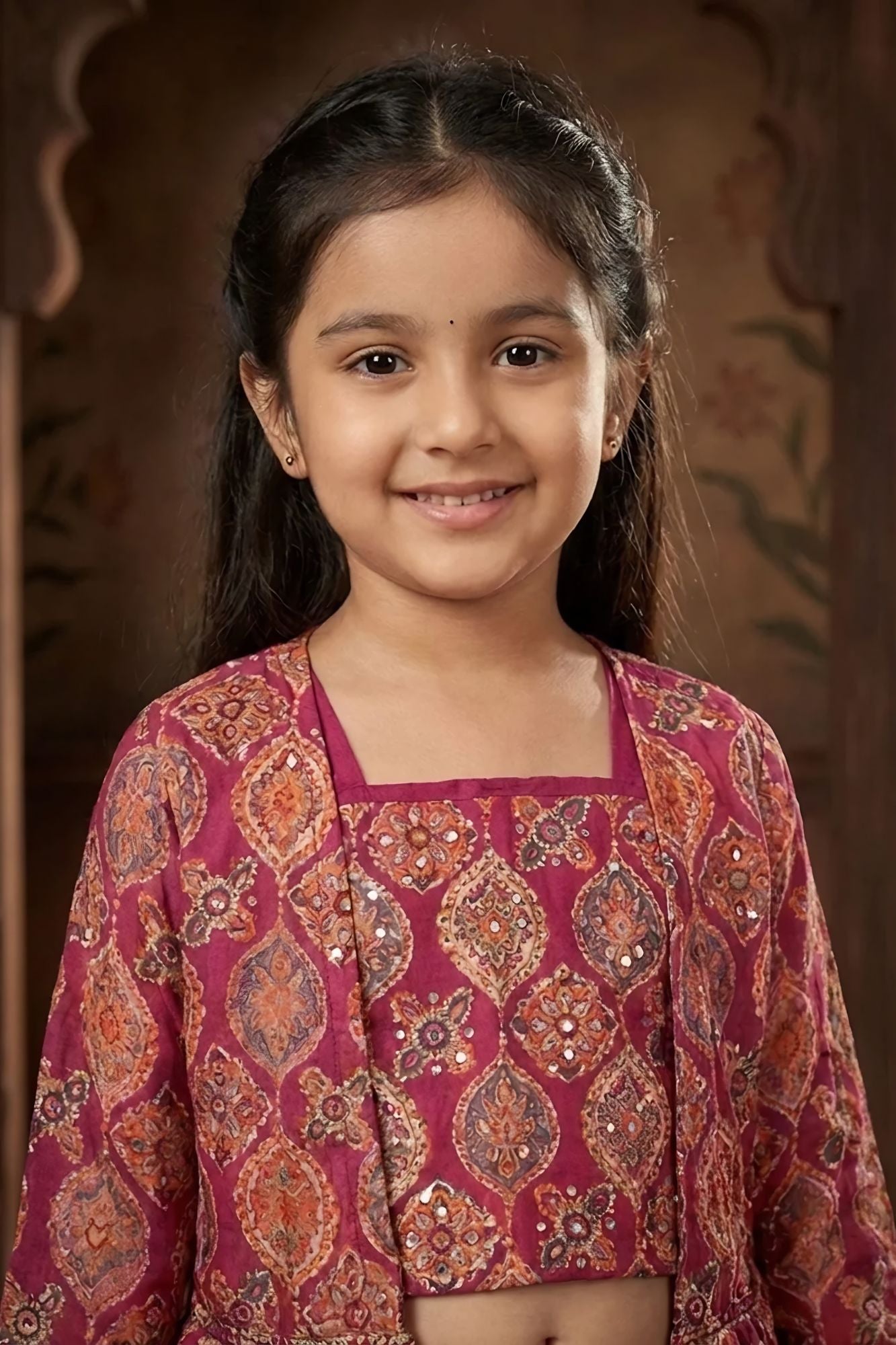 Girls Maroon Embroidered Palazzo Set with Ethnic Jacket