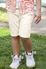 Trendy Peach Geometric Printed Shirt And T-Shirt With Shorts Set For Boys