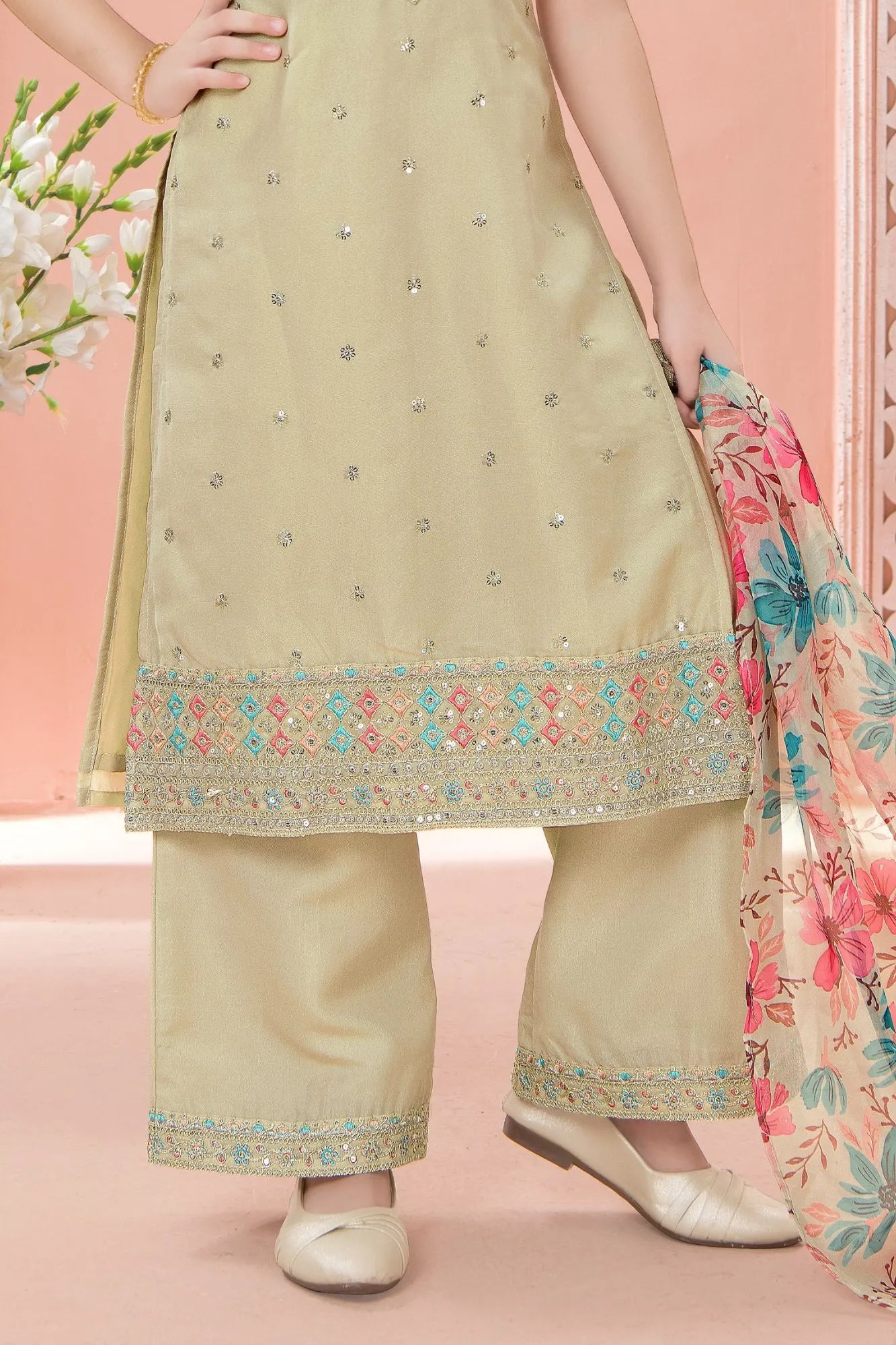 Beige Embroidered Kurta Set with Floral Printed Dupatta For Girls