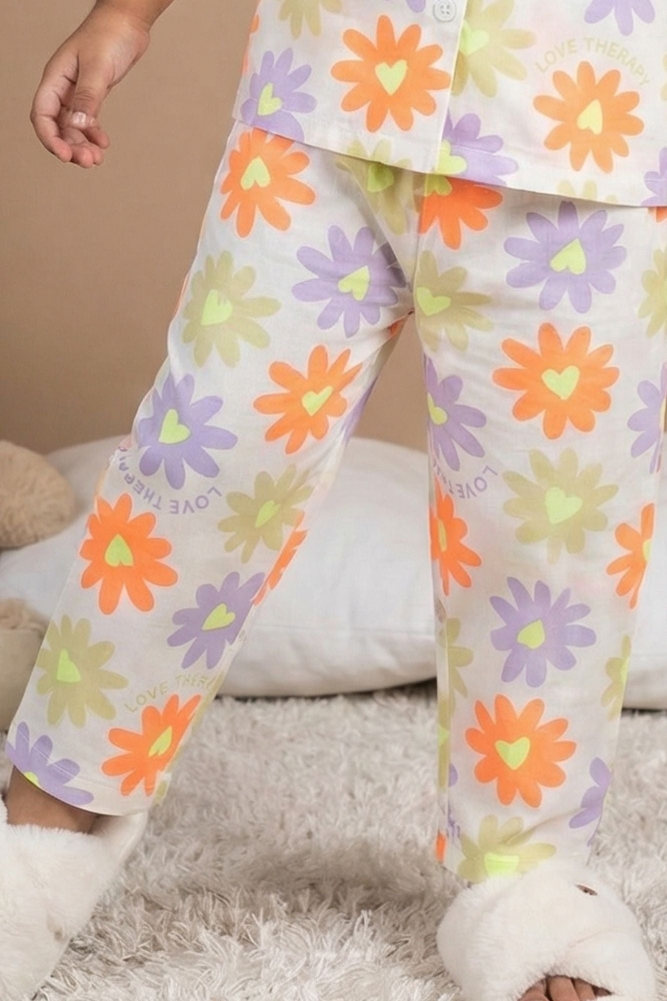 White Multicolor Floral Print Night Suit Set For Girls